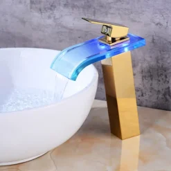 LED Bathroom Sink Mixer Faucet Waterfall Spout 3 Color Temperature, Tall Vessel Taps Single Handle One-hole Monobloc Basin Taps Washroom