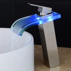 LED Bathroom Sink Mixer Faucet Waterfall Spout 3 Color Temperature, Tall Vessel Taps Single Handle One-hole Monobloc Basin Taps Washroom