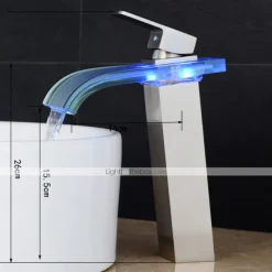 LED Bathroom Sink Mixer Faucet Waterfall Spout 3 Color Temperature, Tall Vessel Taps Single Handle One-hole Monobloc Basin Taps Washroom