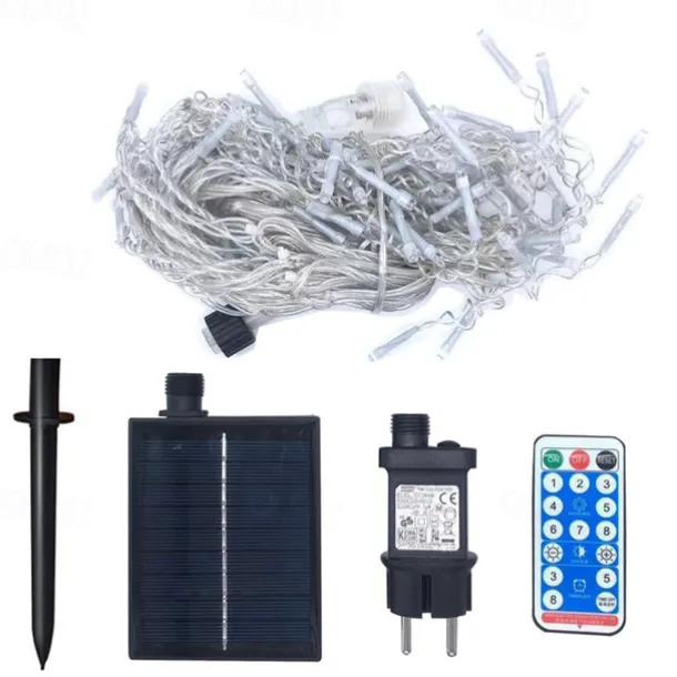 LED Curtain Lights Solar 3x0.5m 4mx0.6m 5x0.8 24V Low Voltage Remote Control Solar Power Plug-in Dual Purpose String Light Thanksgiving Christmas Outdoor Party Garden Decoration Fairy Lights Gypsophila 1 set