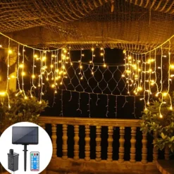 LED Curtain Lights Solar 3x0.5m 4mx0.6m 5x0.8 24V Low Voltage Remote Control Solar Power Plug-in Dual Purpose String Light Thanksgiving Christmas Outdoor Party Garden Decoration Fairy Lights Gypsophila 1 set