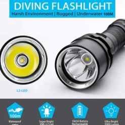 LED Flashlights Super Bright Diving Flashlight IP68 Highest Waterproof Rating Professional Diving Light Powered by 18650 Battery With Hand Rope