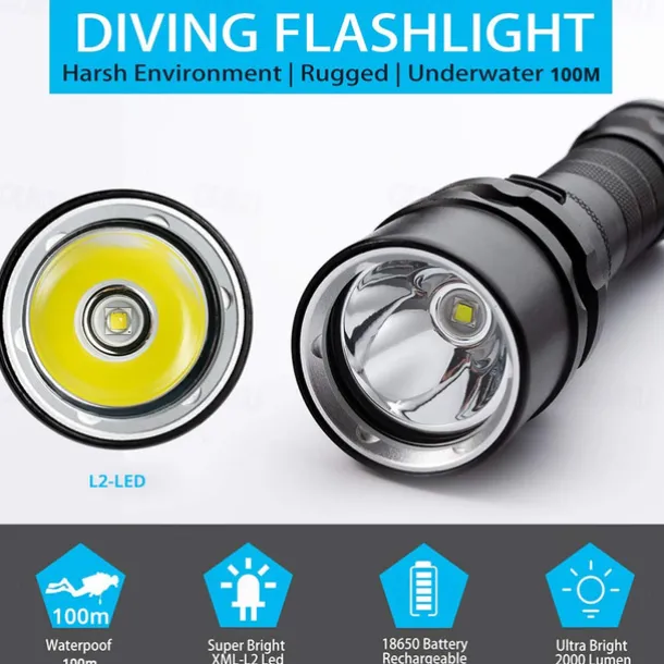 LED Flashlights Super Bright Diving Flashlight IP68 Highest Waterproof Rating Professional Diving Light Powered by 18650 Battery With Hand Rope