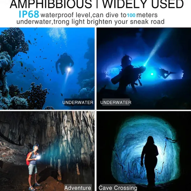 LED Flashlights Super Bright Diving Flashlight IP68 Highest Waterproof Rating Professional Diving Light Powered by 18650 Battery With Hand Rope