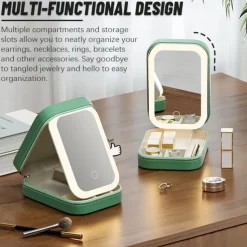 LED Lighted Makeup Mirror with Adjustable Brightness, Portable Vanity Mirror with Built-in Organizer, Travel Cosmetic Case with Jewelry Storage, USB Rechargeable