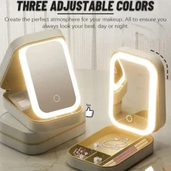 LED Lighted Makeup Mirror with Adjustable Brightness, Portable Vanity Mirror with Built-in Organizer, Travel Cosmetic Case with Jewelry Storage, USB Rechargeable