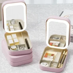 LED Lighted Makeup Mirror with Adjustable Brightness, Portable Vanity Mirror with Built-in Organizer, Travel Cosmetic Case with Jewelry Storage, USB Rechargeable