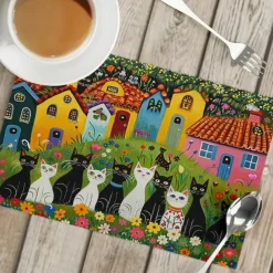 Linens Dining Table Placemats Doodle Art Cat Series Waterproof Oil Proof and Insulated Household Dining Table Mats Heat Resistant Waterproof Oil Proof and Insulated Household Dining Table Mats for Kitchen Coffee Center Table Side Party 1PC