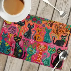Linens Dining Table Placemats Doodle Art Cat Series Waterproof Oil Proof and Insulated Household Dining Table Mats Heat Resistant Waterproof Oil Proof and Insulated Household Dining Table Mats for Kitchen Coffee Center Table Side Party 1PC