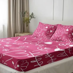 Love Heart Pattern Fitted Sheet Set 100% Cotton Ultra Soft Breathable Silky Bed Sheets Deep Pocket Bedding Sheets 3 Piece Queen King Size