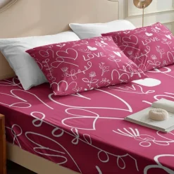 Love Heart Pattern Fitted Sheet Set 100% Cotton Ultra Soft Breathable Silky Bed Sheets Deep Pocket Bedding Sheets 3 Piece Queen King Size