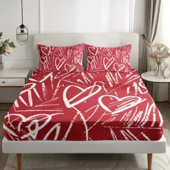 Love Heart Pattern Fitted Sheet Set 100% Cotton Ultra Soft Breathable Silky Bed Sheets Deep Pocket Bedding Sheets 3 Piece Queen King Size