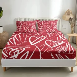 Love Heart Pattern Fitted Sheet Set 100% Cotton Ultra Soft Breathable Silky Bed Sheets Deep Pocket Bedding Sheets 3 Piece Queen King Size