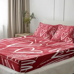 Love Heart Pattern Fitted Sheet Set 100% Cotton Ultra Soft Breathable Silky Bed Sheets Deep Pocket Bedding Sheets 3 Piece Queen King Size