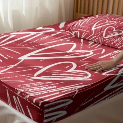 Love Heart Pattern Fitted Sheet Set 100% Cotton Ultra Soft Breathable Silky Bed Sheets Deep Pocket Bedding Sheets 3 Piece Queen King Size
