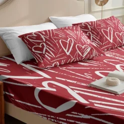 Love Heart Pattern Fitted Sheet Set 100% Cotton Ultra Soft Breathable Silky Bed Sheets Deep Pocket Bedding Sheets 3 Piece Queen King Size