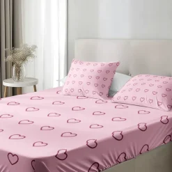 Love Heart Pattern Fitted Sheet Set 100% Cotton Ultra Soft Breathable Silky Bed Sheets Deep Pocket Bedding Sheets 3 Piece Queen King Size