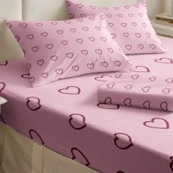 Love Heart Pattern Fitted Sheet Set 100% Cotton Ultra Soft Breathable Silky Bed Sheets Deep Pocket Bedding Sheets 3 Piece Queen King Size