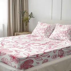 Love Heart Pattern Fitted Sheet Set 100% Cotton Ultra Soft Breathable Silky Bed Sheets Deep Pocket Bedding Sheets 3 Piece Queen King Size
