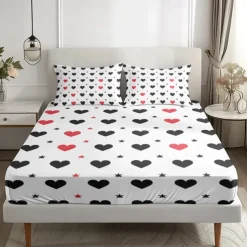 Love Heart Pattern Fitted Sheet Set 100% Cotton Ultra Soft Breathable Silky Bed Sheets Deep Pocket Bedding Sheets 3 Piece Queen King Size