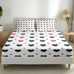 Love Heart Pattern Fitted Sheet Set 100% Cotton Ultra Soft Breathable Silky Bed Sheets Deep Pocket Bedding Sheets 3 Piece Queen King Size