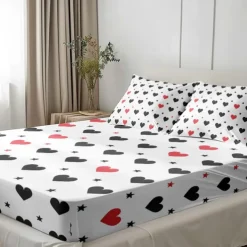 Love Heart Pattern Fitted Sheet Set 100% Cotton Ultra Soft Breathable Silky Bed Sheets Deep Pocket Bedding Sheets 3 Piece Queen King Size