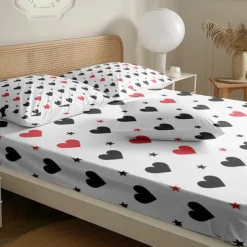 Love Heart Pattern Fitted Sheet Set 100% Cotton Ultra Soft Breathable Silky Bed Sheets Deep Pocket Bedding Sheets 3 Piece Queen King Size