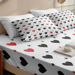 Love Heart Pattern Fitted Sheet Set 100% Cotton Ultra Soft Breathable Silky Bed Sheets Deep Pocket Bedding Sheets 3 Piece Queen King Size