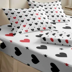Love Heart Pattern Fitted Sheet Set 100% Cotton Ultra Soft Breathable Silky Bed Sheets Deep Pocket Bedding Sheets 3 Piece Queen King Size