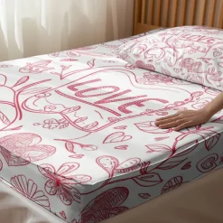 Love Heart Pattern Fitted Sheet Set 100% Cotton Ultra Soft Breathable Silky Bed Sheets Deep Pocket Bedding Sheets 3 Piece Queen King Size