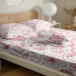 Love Heart Pattern Fitted Sheet Set 100% Cotton Ultra Soft Breathable Silky Bed Sheets Deep Pocket Bedding Sheets 3 Piece Queen King Size