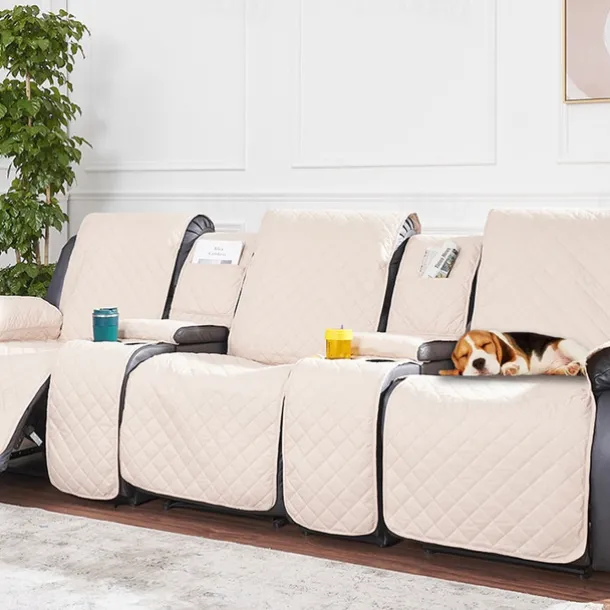 Loveseat 3 Seater Recliner Covers with Console, Burgundy Sofa Cover Couch Towel Mat for 2 or 3 Seater Recliner, Non-Slip Reclining Slipcover for Pet with Elastic Straps