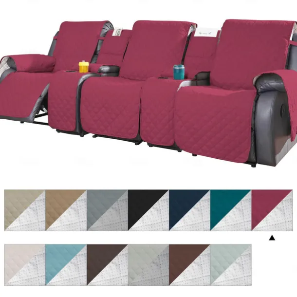 Loveseat 3 Seater Recliner Covers with Console, Burgundy Sofa Cover Couch Towel Mat for 2 or 3 Seater Recliner, Non-Slip Reclining Slipcover for Pet with Elastic Straps