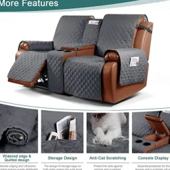 Loveseat Reclining Couch Covers with Console, Non-Slip Pet Cover for Dual Loveseat Recliner with Elastic Straps, Split Reclining Loveseat Cover Recliner Furniture Protector