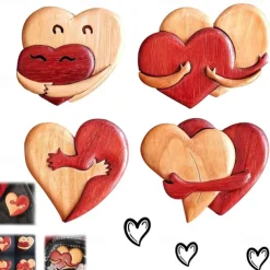 Loving Hearts Wood Intarsia Pinback Button, Pocket Hug Wooden Ornaments, Handmade Love Button Pin, Vintage Heart Brooch for Backpacks Clothes Hats, Gift for Christmas Valentines