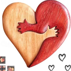 Loving Hearts Wood Intarsia Pinback Button, Pocket Hug Wooden Ornaments, Handmade Love Button Pin, Vintage Heart Brooch for Backpacks Clothes Hats, Gift for Christmas Valentines