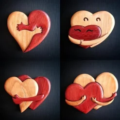 Loving Hearts Wood Intarsia Pinback Button, Pocket Hug Wooden Ornaments, Handmade Love Button Pin, Vintage Heart Brooch for Backpacks Clothes Hats, Gift for Christmas Valentines