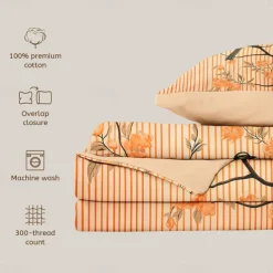 L.T.Home 100% Cotton Sateen Duvet Cover Set Reversible Premium 300 Thread Count Floral Elite Bedding Set Queen King Size