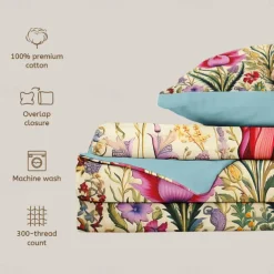 L.T.Home 100% Cotton Sateen Duvet Cover Set Reversible Premium 300 Thread Count Floral Elite Bedding Set Queen King Size