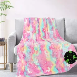 Luminous Unicorn Blanket Kids Birthday Soft Flannel Plush Rainbow Horse Throw, Unicorn Room