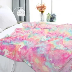 Luminous Unicorn Blanket Kids Birthday Soft Flannel Plush Rainbow Horse Throw, Unicorn Room