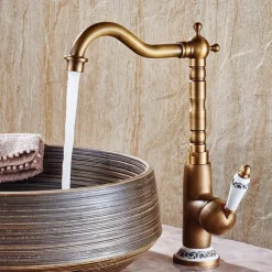 Luxury Retro Style Utility Sink Laundry Faucet, Centerset High Arc One Ceramic Handle One Hole Wash Basin Tap with Hot and Cold Water Switch, Laundry Tub Pot Filler Commercial Faucet in Antique Brass