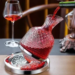 Luxury Rotating Wine Decanter Lead-Free Clear Crystal Glass Red Wine Aerator Decanter Set Elegant for Wine Lovers