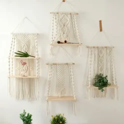 Macrame Wood Floating Shelves Handmade Woven Bohemian Wall Shelves Tapestry Cotton Woven Rope Hanging Shelves Decorative Storage Racks Holder Organizer Boho Decor For Home Bedroom Bathroom Plants