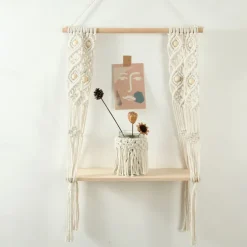 Macrame Wood Floating Shelves Handmade Woven Bohemian Wall Shelves Tapestry Cotton Woven Rope Hanging Shelves Decorative Storage Racks Holder Organizer Boho Decor For Home Bedroom Bathroom Plants