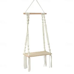 Macrame Wood Floating Shelves Handmade Woven Bohemian Wall Shelves Tapestry Cotton Woven Rope Hanging Shelves Decorative Storage Racks Holder Organizer Boho Decor For Home Bedroom Bathroom Plants