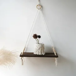 Macrame Wood Floating Shelves Handmade Woven Bohemian Wall Shelves Tapestry Cotton Woven Rope Hanging Shelves Decorative Storage Racks Holder Organizer Boho Decor For Home Bedroom Bathroom Plants
