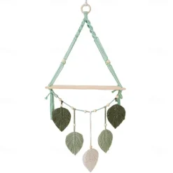 Macrame Wood Floating Shelves Handmade Woven Bohemian Wall Shelves Tapestry Cotton Woven Rope Hanging Shelves Decorative Storage Racks Holder Organizer Boho Decor For Home Bedroom Bathroom Plants