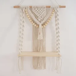 Macrame Wood Floating Shelves Handmade Woven Bohemian Wall Shelves Tapestry Cotton Woven Rope Hanging Shelves Decorative Storage Racks Holder Organizer Boho Decor For Home Bedroom Bathroom Plants