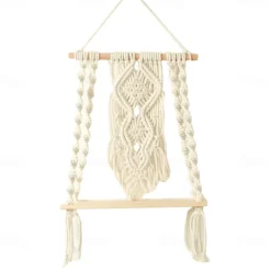 Macrame Wood Floating Shelves Handmade Woven Bohemian Wall Shelves Tapestry Cotton Woven Rope Hanging Shelves Decorative Storage Racks Holder Organizer Boho Decor For Home Bedroom Bathroom Plants